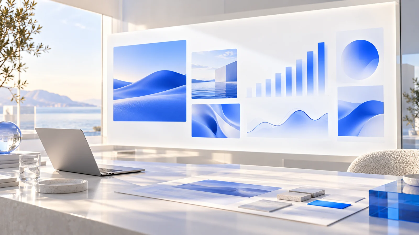 An AI workspace showing research, analysis, and a presentation